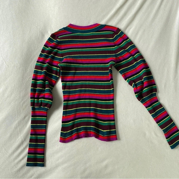 Milly Striped Ribbed Puff Sleeve Sweater Colorful Stretch Size P - Picture 5 of 8